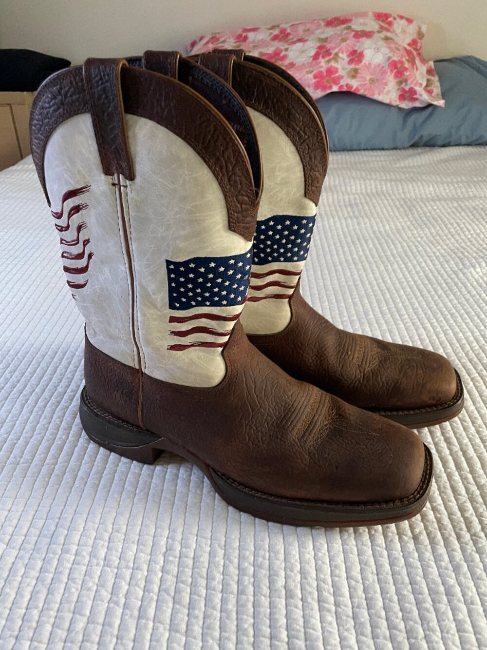 Durango Men's  SZ 13 12" Rebel Bay Brown & White Flag Embroidered Cowboy Boots